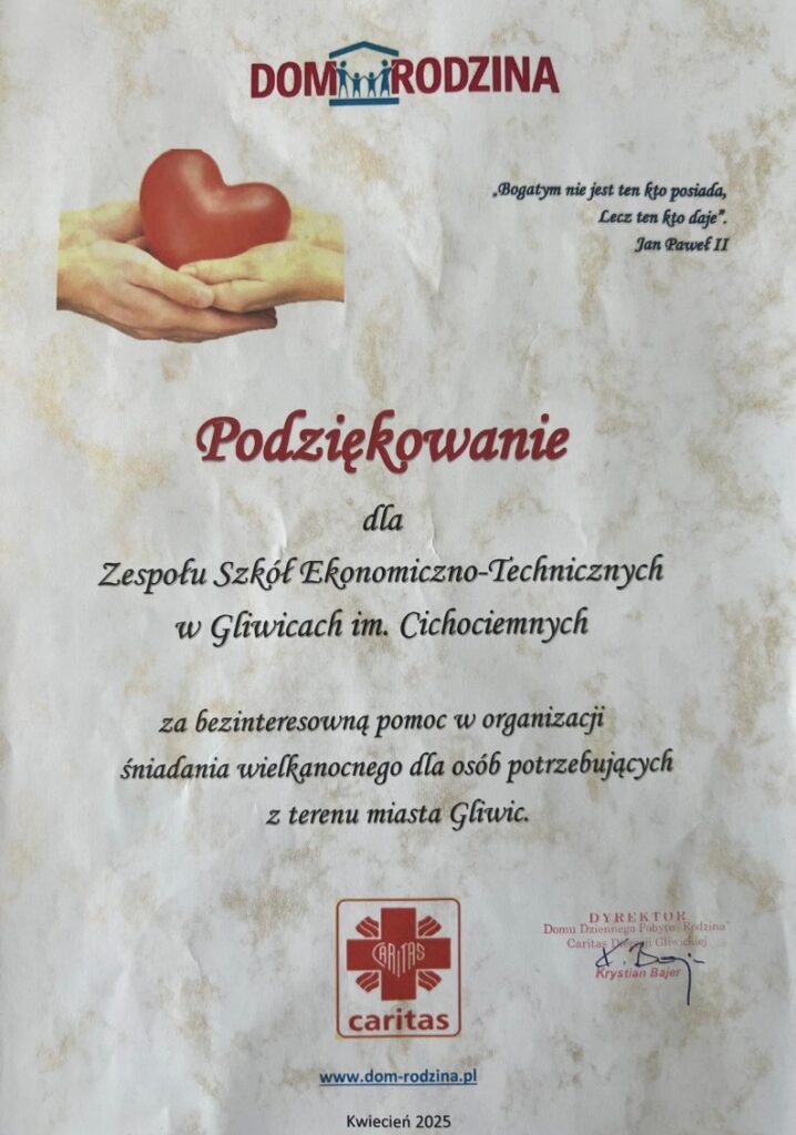 podziękowania caritasu dla zset za pomoc w organizacji śniadania wielkonacnego