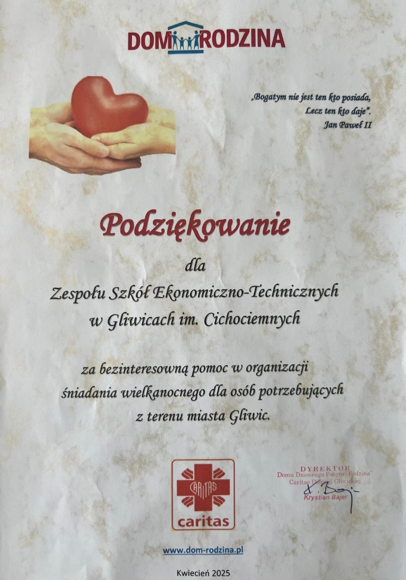podziękowania caritasu dla zset za pomoc w organizacji śniadania wielkonacnego