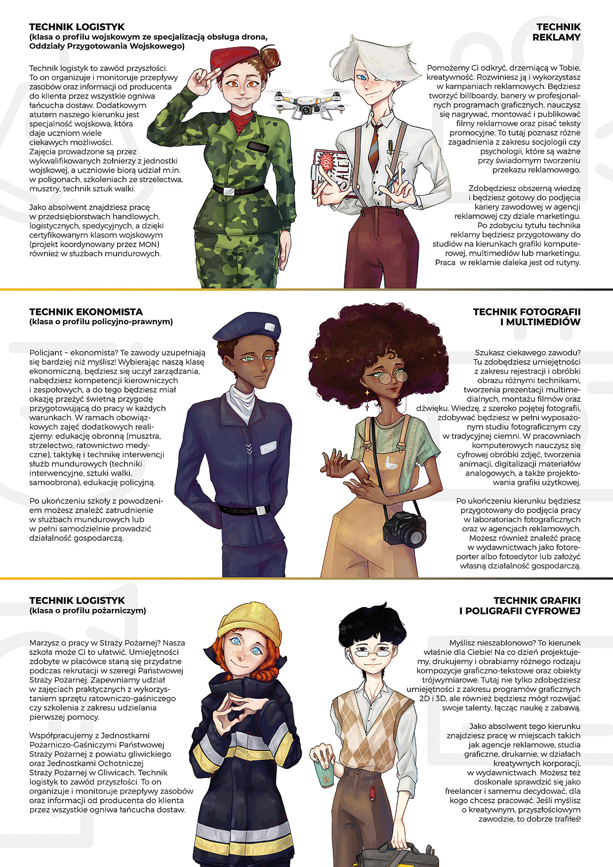 TECHNIK LOGISTYK (klasa o profilu wojskowym ze specjalizacją obsługa drona, Oddziały Przygotowania Wojskowego) Technik logistyk to zawód przyszłości. To on organizuje i monitoruje przepływy zasobów oraz informacji od producenta do klienta przez wszystkie ogniwa łańcucha dostaw. Dodatkowym atutem naszego kierunku jest specjalność wojskowa, poszerzona o naukę pilotowania drona (umiejętność wysoce porządaną we współczesnym wojsku). Zajęcia prowadzone są przez wykwalifikowanych żołnierzy z jednostki wojskowej, a uczniowie biorą udział m.in. w poligonach, szkoleniach ze strzelectwa, musztry, technik sztuk walki. Jako absolwent znajdziesz pracę w przedsiębiorstwach handlowych, logistycznych, spedycyjnych, a dzięki certyfikowanym klasom wojskowym (projekt koordynowany przez MON) również w służbach mundurowych. --------- TECHNIK EKONOMISTA (klasa o profilu policyjno-prawnym) Policjant − ekonomista? Te zawody uzupełniają się bardziej niż myślisz! Wybierając naszą klasę ekonomiczną, będziesz się uczył zarządzania, nabędziesz kompetencji kierowniczych i zespołowych, a do tego będziesz miał okazję przeżyć świetną przygodę przygotowującą do pracy w każdych warunkach. W ramach obowiązkowych zajęć dodatkowych reali- zjemy: edukację obronną (musztra, strzelectwo, ratownictwo medyczne), taktykę i technikę interwencji służb mundurowych (techniki interwencyjne, sztuki walki, samoobrona), edukację policyjną. Po ukończeniu szkoły z powodzeniem możesz znaleźć zatrudnienie w służbach mundurowych lub w pełni samodzielnie prowadzić działalność gospodarczą. ----------- TECHNIK LOGISTYK (klasa o profilu pożarniczym) Marzysz o pracy w Straży Pożarnej? Nasza szkoła może Ci to ułatwić. Umiejętności zdobyte w placówce staną się przydatne podczas rekrutacji w szeregi Państwowej Straży Pożarnej. Zapewniamy udział w zajęciach praktycznych z wykorzys- taniem sprzętu ratowniczo-gaśniczego czy szkolenia z zakresu udzielania pierwszej pomocy. Współpracujemy z Jednostkami Pożarniczo-Gaśniczymi Państwowej Straży Pożarnej z powiatu gliwickiego oraz Jednostkami Ochotniczej Straży Pożarnej w Gliwicach. Technik logistyk to zawód przyszłości. To on organizuje i monitoruje przepływy zasobów oraz informacji od producenta do klienta przez wszystkie ogniwa łańcucha dostaw. --------- TECHNIK REKLAMY Pomożemy Ci odkryć, drzemiącą w Tobie, kreatywność. Rozwiniesz ją i wykorzystasz w kampaniach reklamowych. Będziesz tworzyć billboardy, banery w profesjonalnych programach graficznych, nauczysz się nagrywać, montować i publikować filmy reklamowe oraz pisać teksty promocyjne. To tutaj poznasz różne zagadnienia z zakresu socjologii czy psychologii, które są ważne przy świadomym tworzeniu przekazu reklamowego. Zdobędziesz obszerną wiedzę i będziesz gotowy do podjęcia kariery zawodowej w agencji reklamowej czy dziale marketingu. Po zdobyciu tytułu technika reklamy będziesz przygotowany do studiów na kierunkach grafiki komputerowej, multimediów lub marketingu. Praca w reklamie daleka jest od rutyny. --------- TECHNIK FOTOGRAFII I MULTIMEDIÓW Szukasz ciekawego zawodu? Tu zdobędziesz umiejętności z zakresu rejestracji i obróbki obrazu różnymi technikami, tworzenia prezentacji multimedialnych, montażu filmów oraz dźwięku. Wiedzę, z szeroko pojętej fotografii, zdobywać będziesz w pełni wyposażonym studiu fotograficznym czy w tradycyjnej ciemni. W pracowniach komputerowych nauczysz się cyfrowej obróbki zdjęć, tworzenia animacji, digitalizacji materiałów analogowych, a także projekto-wania grafiki użytkowej. Po ukończeniu kierunku będziesz przygotowany do podjęcia pracy w laboratoriach fotograficznych oraz w agencjach reklamowych. Możesz również znaleźć pracę w wydawnictwach jako fotore-porter albo fotoedytor lub założyć własną działalność gospodarczą. ---------- TECHNIK GRAFIKI I POLIGRAFII CYFROWEJ Myślisz nieszablonowo? To kierunek właśnie dla Ciebie! Na co dzień projektujemy, drukujemy i obrabiamy różnego rodzaju kompozycje graficzno-tekstowe oraz obiekty trójwymiarowe. Tutaj nie tylko zdobędziesz umiejętności z zakresu programów graficznych 2D i 3D, ale również będziesz mógł rozwijać swoje talenty, łącząc naukę z zabawą. Jako absolwent tego kierunku znajdziesz pracę w miejscach takich jak agencje reklamowe, studia graficzne, drukarnie, w działach kreatywnych korporacji, w wydawnictwach. Możesz też doskonale sprawdzić się jako freelancer i samemu decydować, dla kogo chcesz pracować. Jeśli myślisz o kreatywnym, przyszłościowym zawodzie, to dobrze trafiłeś!